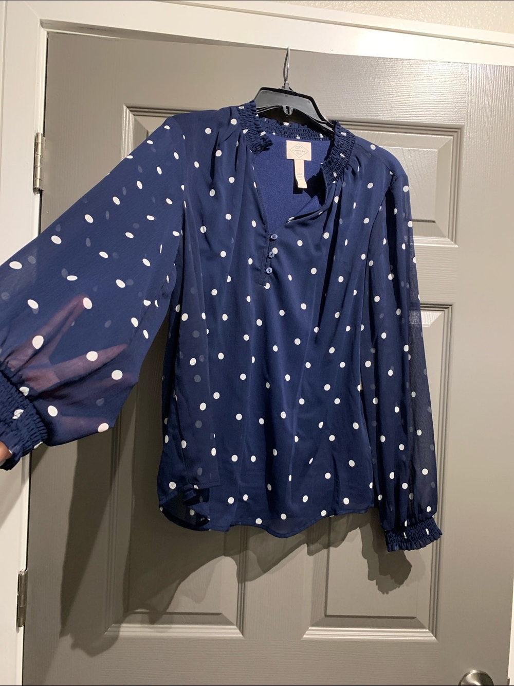 St. John's Bay Navy and White Polka Dot Blouse size L NWT